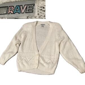 Vintage 1980s White Chunky Knit Deep V Cardigan Sweater / Women’s Medium *
